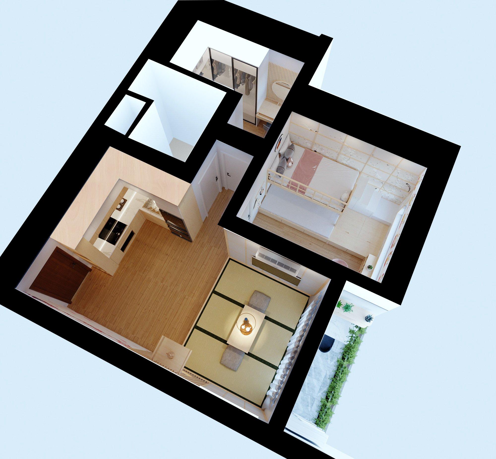Bản vẽ 3D toàn cảnh của thiết kế nội thất chung cư